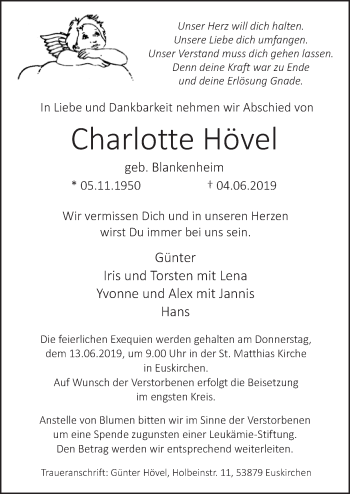 Anzeige von Charlotte Hövel von  Blickpunkt Euskirchen 