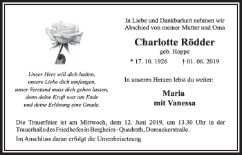 Anzeige von Charlotte Rödder von  Sonntags-Post 