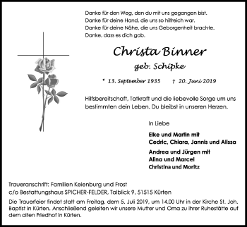 Anzeige von Christa Binner von Kölner Stadt-Anzeiger / Kölnische Rundschau / Express