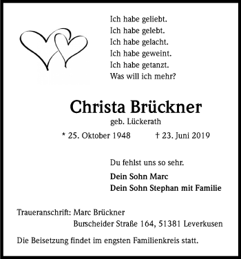 Anzeige von Christa Brückner von Kölner Stadt-Anzeiger / Kölnische Rundschau / Express