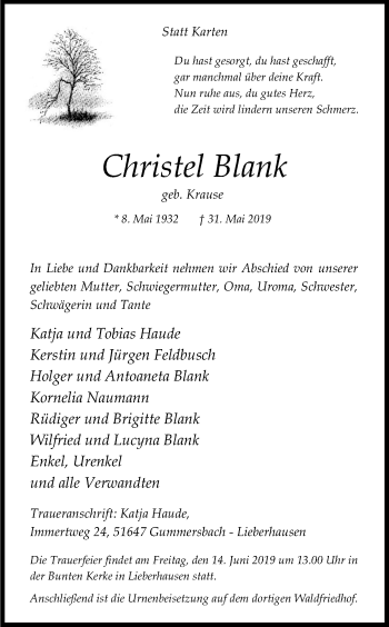 Anzeige von Christel Blank von Kölner Stadt-Anzeiger / Kölnische Rundschau / Express