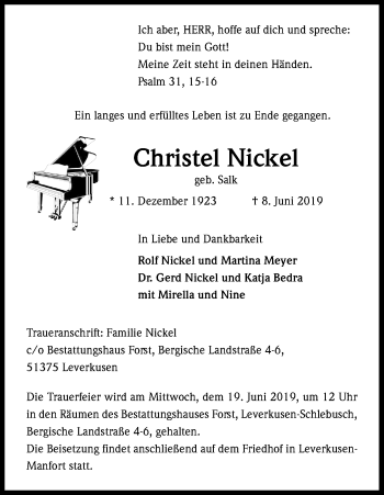 Anzeige von Christel Nickel von Kölner Stadt-Anzeiger / Kölnische Rundschau / Express