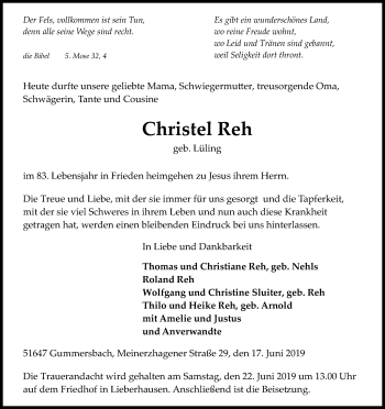Anzeige von Christel Reh von Kölner Stadt-Anzeiger / Kölnische Rundschau / Express