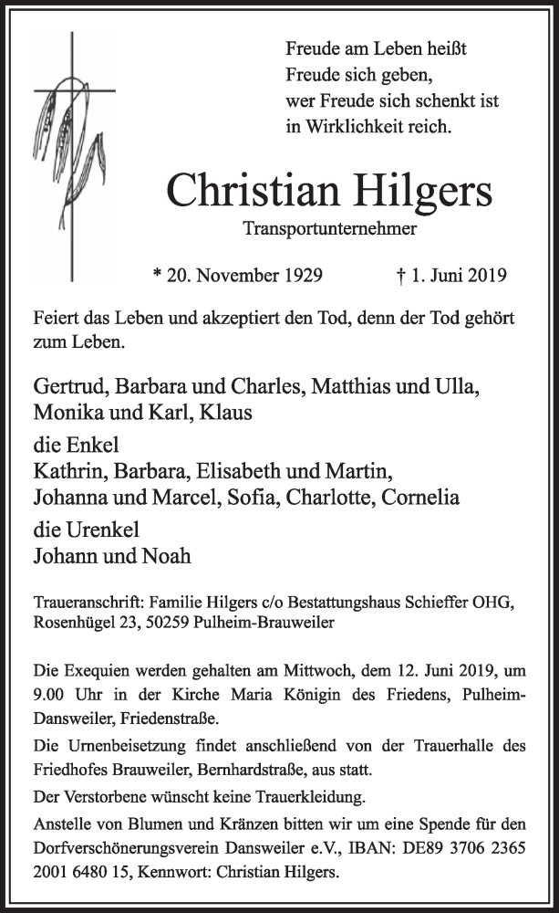  Traueranzeige für Christian Hilgers vom 08.06.2019 aus  Sonntags-Post 