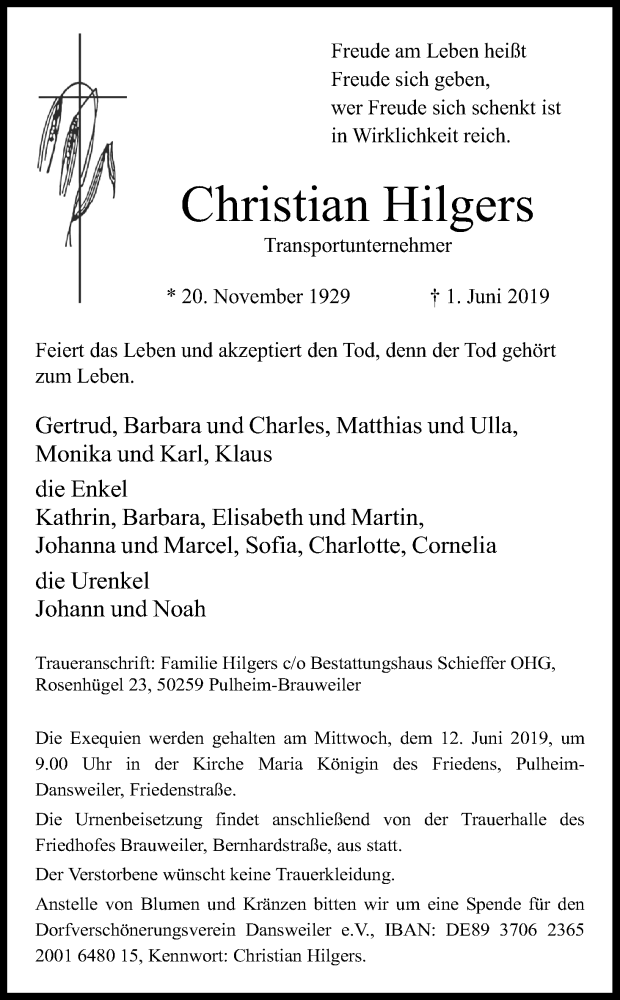  Traueranzeige für Christian Hilgers vom 08.06.2019 aus Kölner Stadt-Anzeiger / Kölnische Rundschau / Express