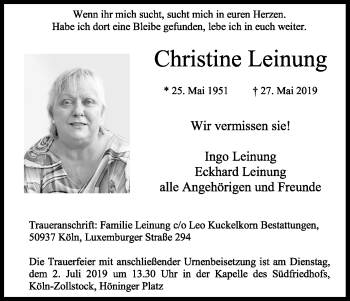 Anzeige von Christine Leinung von Kölner Stadt-Anzeiger / Kölnische Rundschau / Express