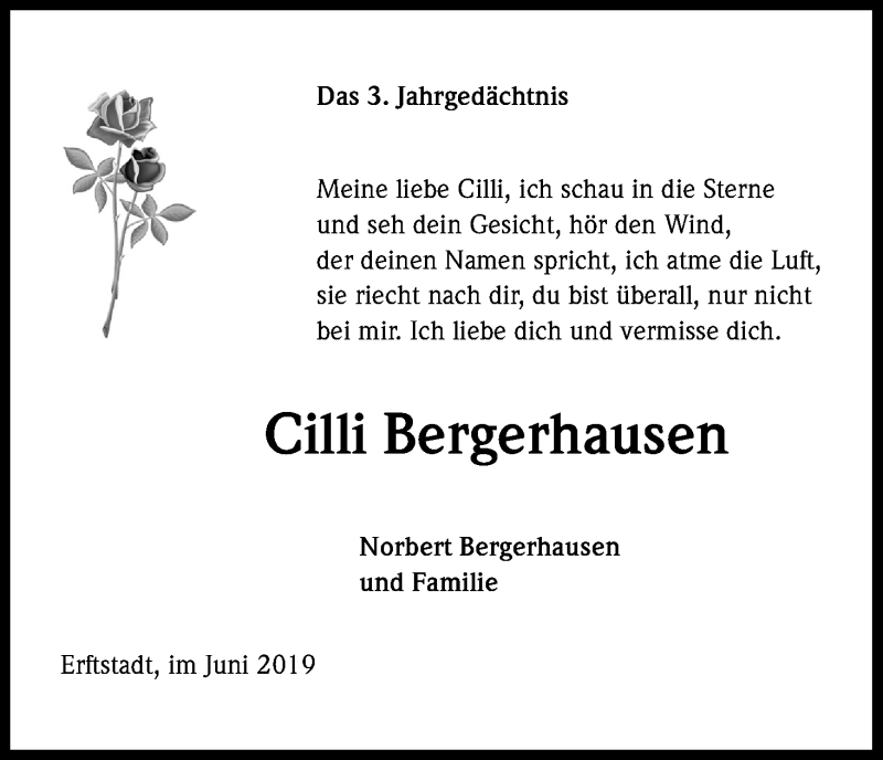  Traueranzeige für Cilli Bergerhausen vom 18.07.2023 aus Kölner Stadt-Anzeiger / Kölnische Rundschau / Express