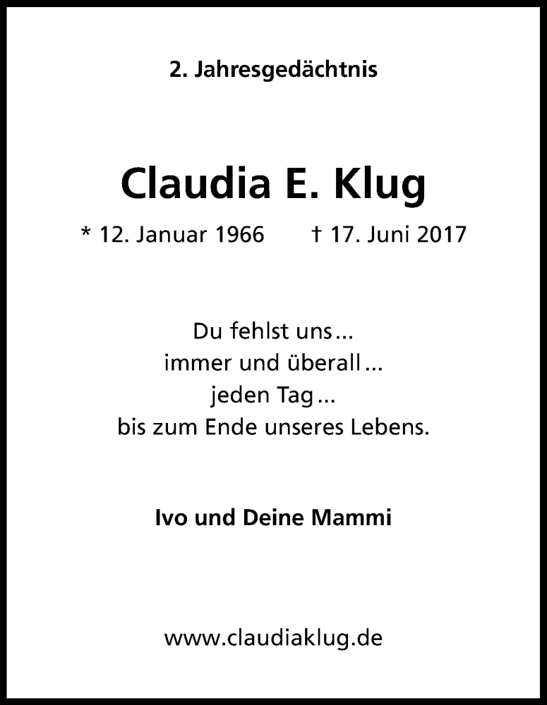  Traueranzeige für Claudia Klug vom 15.06.2019 aus Kölner Stadt-Anzeiger / Kölnische Rundschau / Express