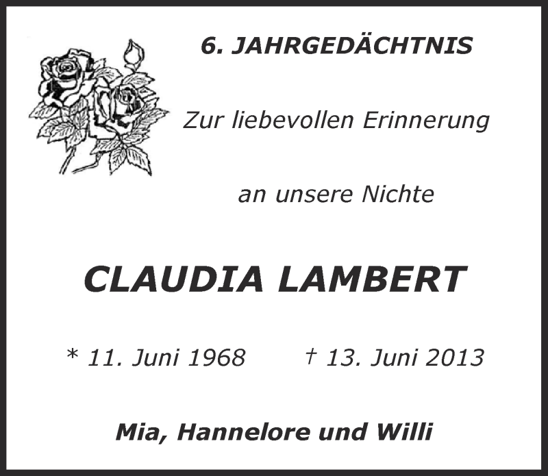  Traueranzeige für Claudia Lambert vom 18.07.2023 aus  Kölner Wochenspiegel 