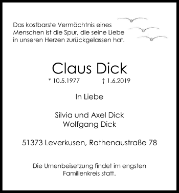 Anzeige von Claus Dick von Kölner Stadt-Anzeiger / Kölnische Rundschau / Express