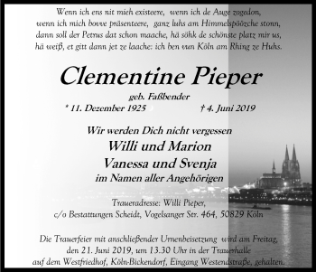 Anzeige von Clementine Pieper von Kölner Stadt-Anzeiger / Kölnische Rundschau / Express