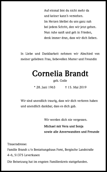 Anzeige von Cornelia Brandt von Kölner Stadt-Anzeiger / Kölnische Rundschau / Express