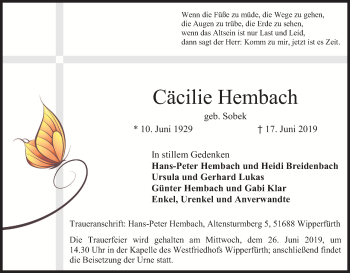 Anzeige von Cäcilie Hembach von Kölner Stadt-Anzeiger / Kölnische Rundschau / Express