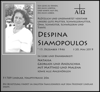 Anzeige von Despina Siamopoulos von Kölner Stadt-Anzeiger / Kölnische Rundschau / Express