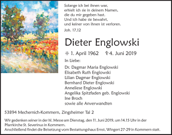 Anzeige von Dieter Englowski von  Blickpunkt Euskirchen 