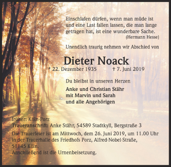 Anzeige von Dieter Noack 