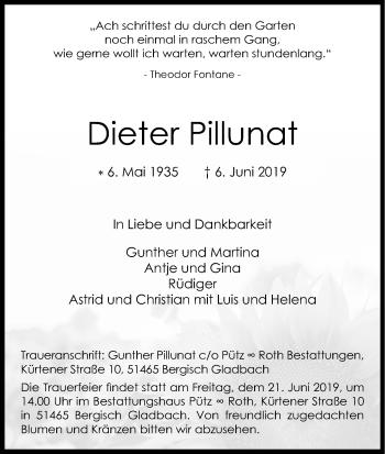 Anzeige von Dieter Pillunat von Kölner Stadt-Anzeiger / Kölnische Rundschau / Express