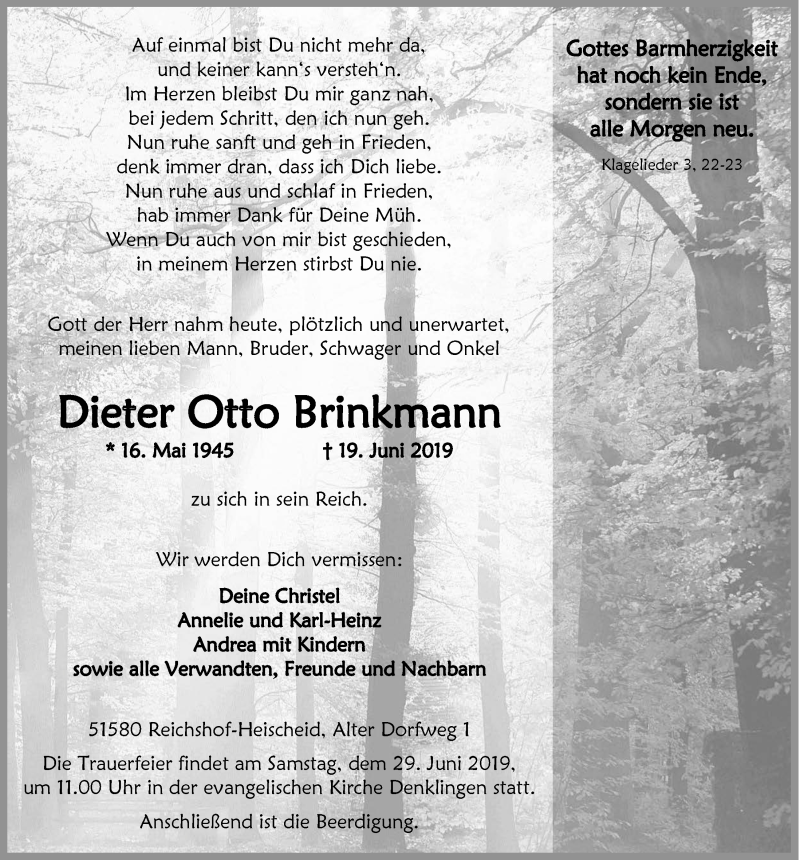  Traueranzeige für Dieter Otto Brinkmann vom 26.06.2019 aus  Anzeigen Echo 