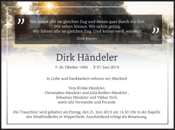 Anzeige von Dirk Händeler von Kölner Stadt-Anzeiger / Kölnische Rundschau / Express