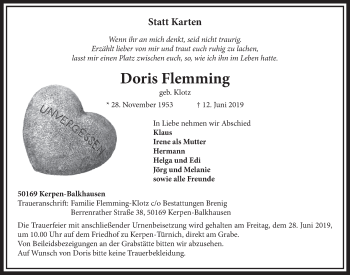 Anzeige von Doris Flemming von  Sonntags-Post 