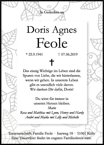 Anzeige von Doris Agnes Feole von Kölner Stadt-Anzeiger / Kölnische Rundschau / Express