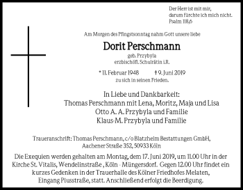 Anzeige von Dorit Perschmann von Kölner Stadt-Anzeiger / Kölnische Rundschau / Express
