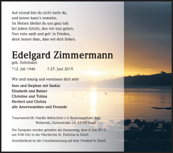 Anzeige von Edelgard Zimmermann von Kölner Stadt-Anzeiger / Kölnische Rundschau / Express