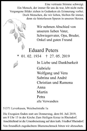 Anzeige von Eduard Peters von Kölner Stadt-Anzeiger / Kölnische Rundschau / Express