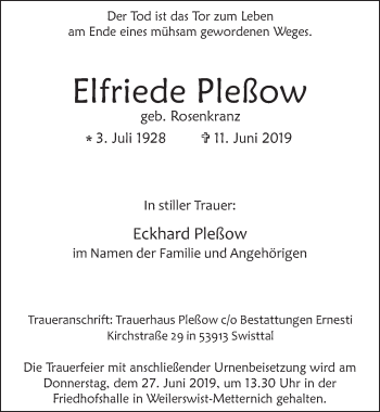 Anzeige von Elfriede Pleßow von  Blickpunkt Euskirchen 