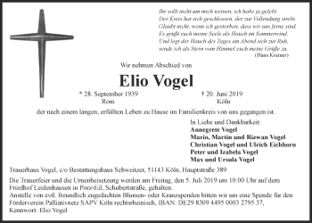 Anzeige von Elio Vogel von  Kölner Wochenspiegel 