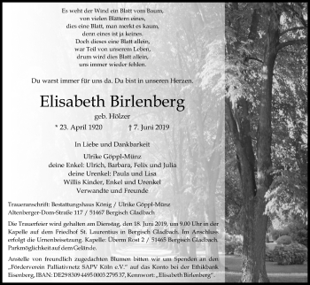 Anzeige von Elisabeth Birlenberg von Kölner Stadt-Anzeiger / Kölnische Rundschau / Express