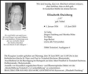 Anzeige von Elisabeth Duisberg von Kölner Stadt-Anzeiger / Kölnische Rundschau / Express