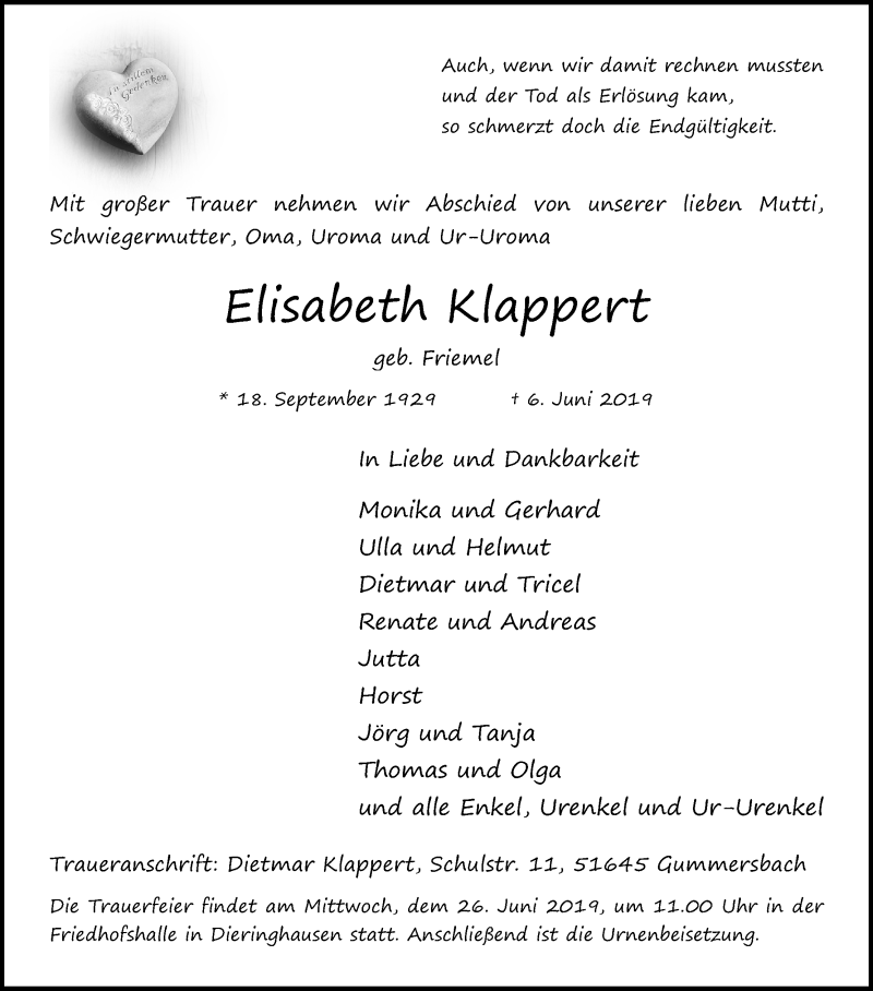  Traueranzeige für Elisabeth Klappert vom 15.06.2019 aus Kölner Stadt-Anzeiger / Kölnische Rundschau / Express