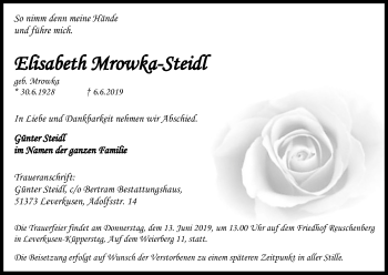 Anzeige von Elisabeth Mrowska-Steidl von Kölner Stadt-Anzeiger / Kölnische Rundschau / Express