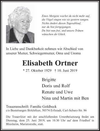 Anzeige von Elisabeth Ortner von  Sonntags-Post 