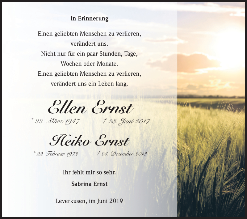  Traueranzeige für Ellen Ernst vom 22.06.2019 aus Kölner Stadt-Anzeiger / Kölnische Rundschau / Express