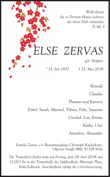 Anzeige von Else Zervas von Kölner Stadt-Anzeiger / Kölnische Rundschau / Express