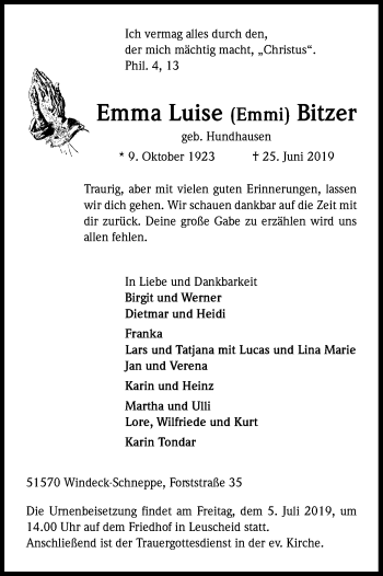 Anzeige von Emma Luise  Bitzer von Kölner Stadt-Anzeiger / Kölnische Rundschau / Express