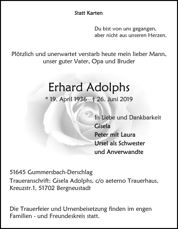 Anzeige von Erhard Adolphs von Kölner Stadt-Anzeiger / Kölnische Rundschau / Express