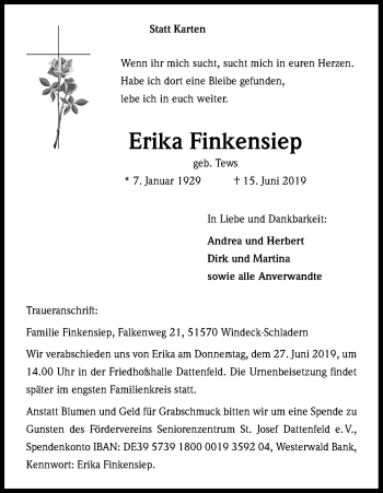 Anzeige von Erika Finkensiep von Kölner Stadt-Anzeiger / Kölnische Rundschau / Express