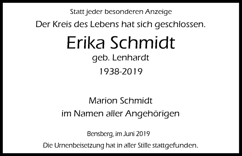  Traueranzeige für Erika Schmidt vom 27.06.2019 aus Kölner Stadt-Anzeiger / Kölnische Rundschau / Express