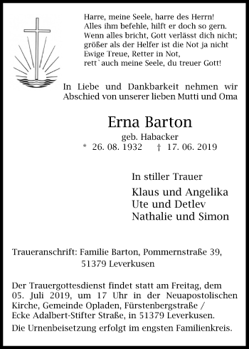 Anzeige von Erna Barton von Kölner Stadt-Anzeiger / Kölnische Rundschau / Express