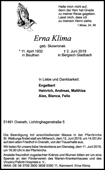 Anzeige von Erna Klima von Kölner Stadt-Anzeiger / Kölnische Rundschau / Express
