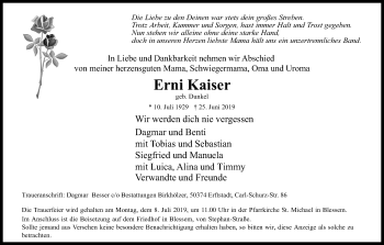Anzeige von Erni Kaiser von Kölner Stadt-Anzeiger / Kölnische Rundschau / Express