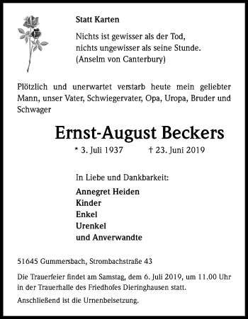 Anzeige von Ernst-August Beckers von Kölner Stadt-Anzeiger / Kölnische Rundschau / Express