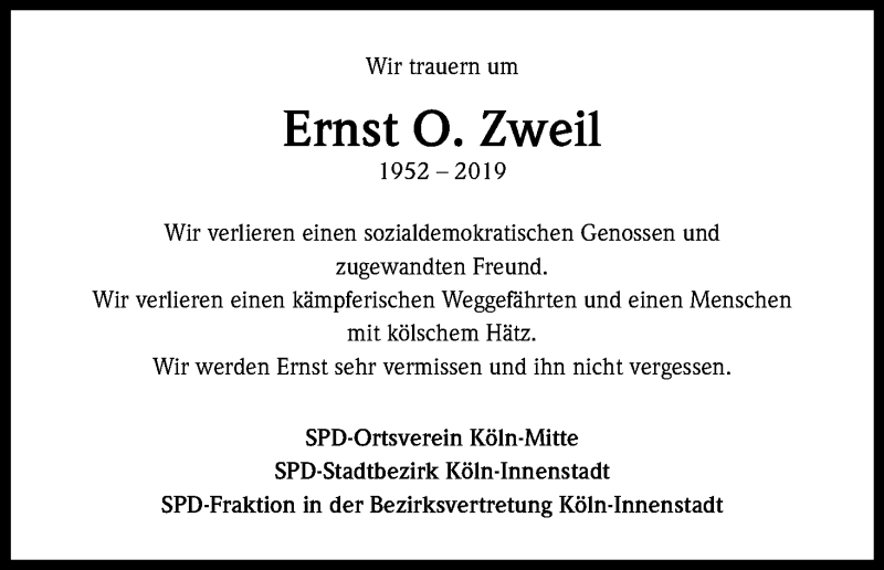  Traueranzeige für Ernst Zweil vom 08.06.2019 aus Kölner Stadt-Anzeiger / Kölnische Rundschau / Express
