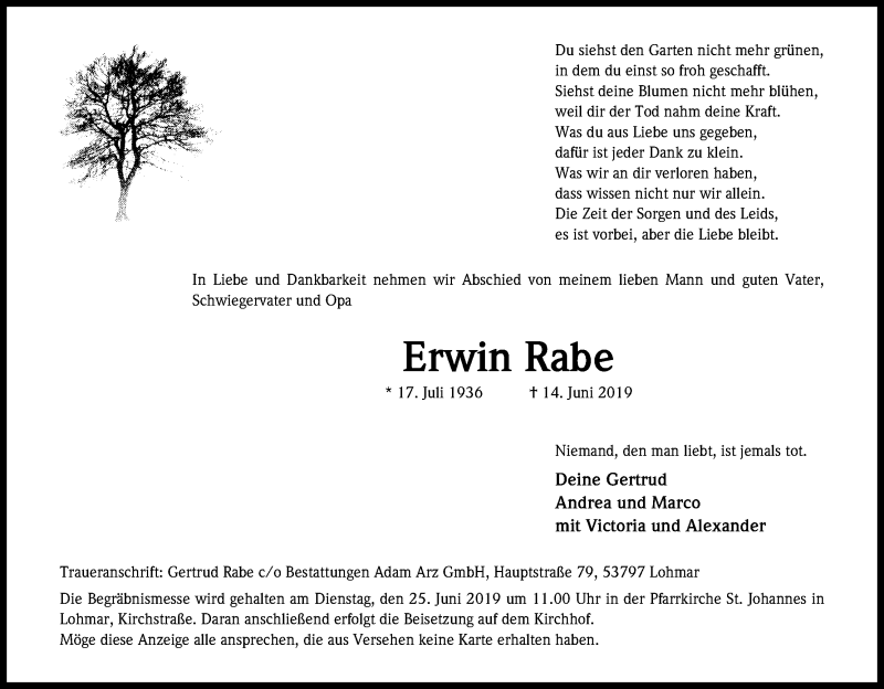  Traueranzeige für Erwin Rabe vom 20.06.2019 aus Kölner Stadt-Anzeiger / Kölnische Rundschau / Express