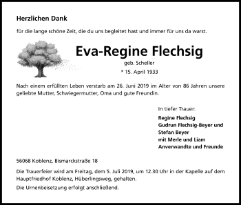Anzeige von Eva-Regine Flechsig von Kölner Stadt-Anzeiger / Kölnische Rundschau / Express