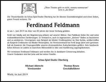 Anzeige von Ferdinand Feldmann von Kölner Stadt-Anzeiger / Kölnische Rundschau / Express