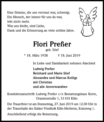 Anzeige von Flori Preßer von Kölner Stadt-Anzeiger / Kölnische Rundschau / Express